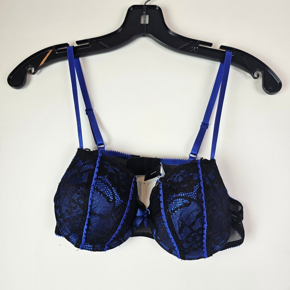 Fredericks of Hollywood Blue Black Lace Underwire Bra 36B 54572 Floral Goth